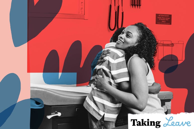Woman embracing child in doctor's office.